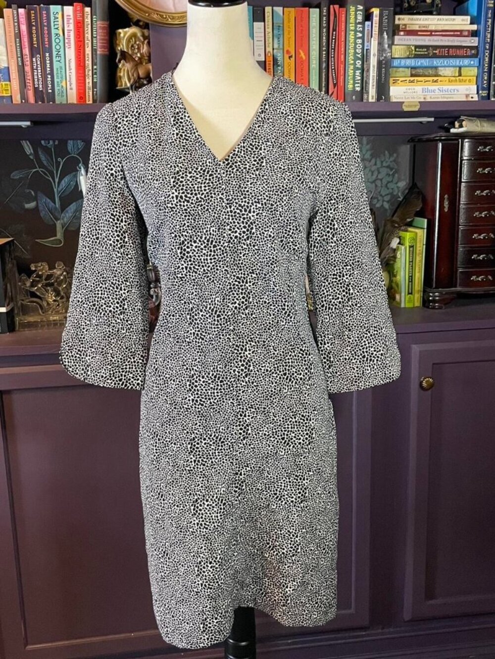 Black & white print midi dress with 3/4 length flared sleeves